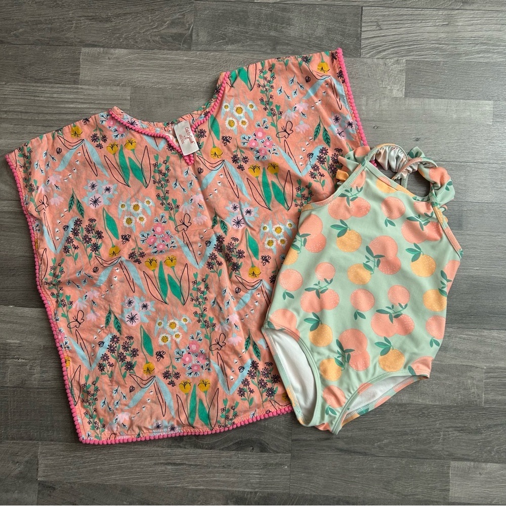 Carter's Girls Green and Orange Swimsuit with Cover-Up